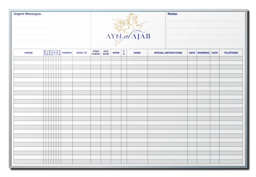 Ayn Al Ajab Horses Information Tracker Dry Erase Board