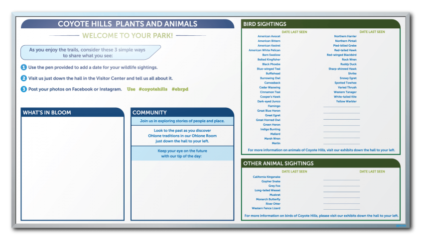 East Bay Regional Park Visitor Communication Tracking Dry Erase Board