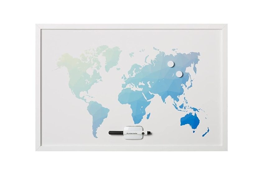 MasterVision World Map Magnetic Dry-Erase Board, White MDF Frame, 24" x 36"