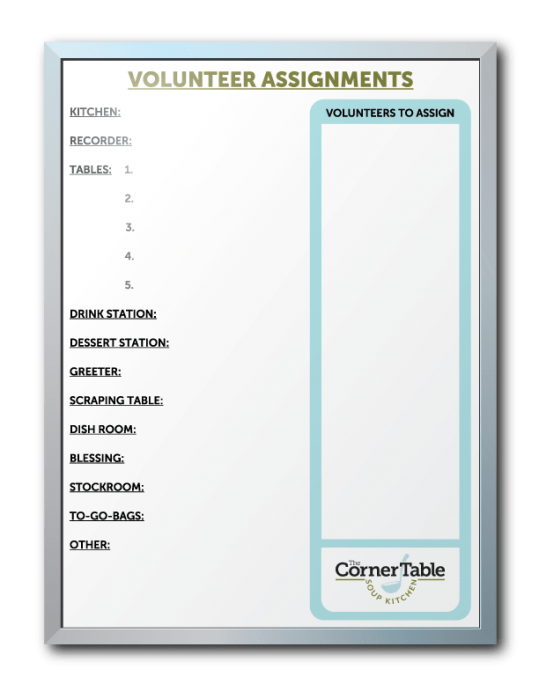 The Corner Table Soup Kitchen Volunteer Assignment Tracker Dry Erase Board 18" x 24"