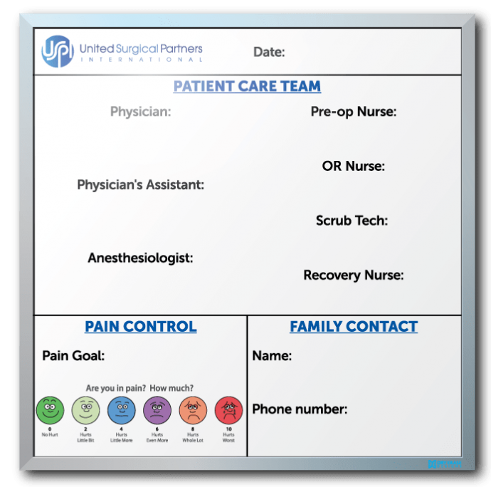 United Surgical Partners International Patient Info Tracker Dry Erase Board