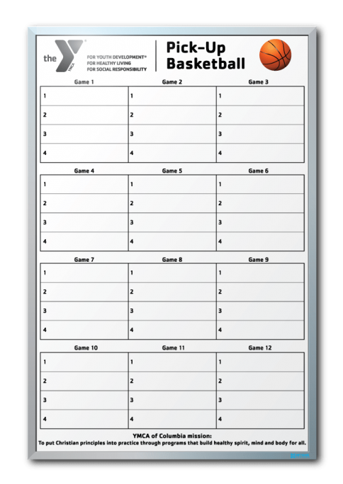 YMCA of Columbia Pick-up Basketball Scheduler Dry Erase Board